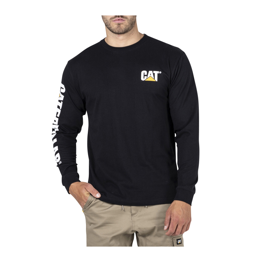 Men's Caterpillar Trademark Banner L/S T-Shirts Black Ireland LXTS32961